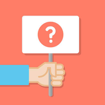 Hand holding sign with question mark on orange background
