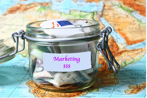 Savings jar for marketing dollars with map background