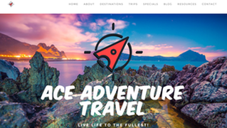 Ace Adventure Travel home page with paper plane logo