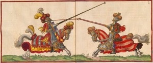 Drawing of two knights jousting