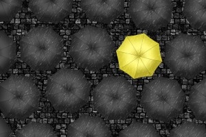 Yellow umbrella surrounded by black umbrellas