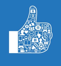 Thumbs up with social icons on blue background