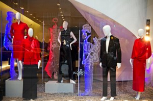 Mannequins and clothing in a store front