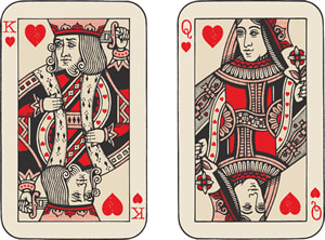 Picture of playing cards, red king and queen of hearts